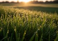 Dew-covered grass blades are illuminated by the warm glow of a Royalty Free Stock Photo