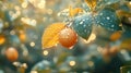 Dew-covered lemon on a branch at sunrise Royalty Free Stock Photo