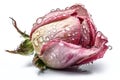 A dew-covered rose bud, with the pink petals visible in the background. Royalty Free Stock Photo