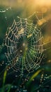 Dew-covered spider web glistening in the morning light