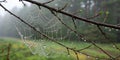 Dew-covered spider web glistens in the forest after early morning rain Royalty Free Stock Photo