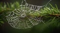 a dew covered spider web hanging from a pine tree branch Royalty Free Stock Photo