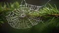 a dew covered spider web hanging from a pine tree branch