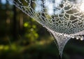 Dew-Covered Spider Web with Sunlit Forest Background in Macro Nature Close-Up Royalty Free Stock Photo