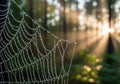Dew-Covered Spider Web with Sunlit Forest Background in Macro Nature Close-Up Royalty Free Stock Photo