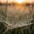 Dew-covered spiderweb intricately woven between blades of grass, illuminated by the warm glow of a Royalty Free Stock Photo