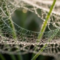 Dew-covered spiderweb intricately woven among green blades of grass Royalty Free Stock Photo
