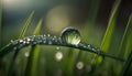 Dew drops on green grass blade closeup. Nature background.