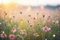 dew drops on petals in a misty wildflower field at dawn Royalty Free Stock Photo