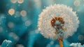 Dew-kissed dandelion against a dreamy blue backdrop. Royalty Free Stock Photo