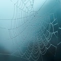 Dew on the web on a foggy day, selective focus, cold tones, background Royalty Free Stock Photo