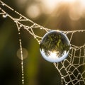 A dewdrop delicately balances on a spider web, refracting the image of trees and Royalty Free Stock Photo