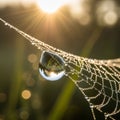 A dewdrop delicately sits on a spider web, reflecting an inverted image of trees and Royalty Free Stock Photo