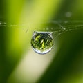 A dewdrop hangs delicately on a spider web, reflecting the intricate patterns of green leaves Royalty Free Stock Photo