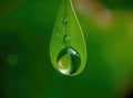 Dewdrop hangs from the tip of a green leaf Royalty Free Stock Photo