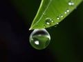 Dewdrop hangs from the tip of a green leaf Royalty Free Stock Photo