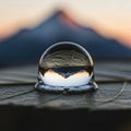 A dewdrop rests on a leaf, creating a unique optical effect. Through the droplet, a Royalty Free Stock Photo