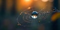 Dewdrop on spiderweb reflecting golden sunset light Royalty Free Stock Photo