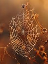 Dewy Morning Spiderweb in a Sunlit Meadow Water droplets blurring on silk strands Royalty Free Stock Photo