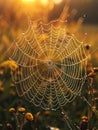 Dewy Morning Spiderweb in a Sunlit Meadow Water droplets blurring on silk strands Royalty Free Stock Photo