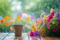 dewy morning table, background of vibrant, fresh summer blooms Royalty Free Stock Photo
