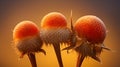 Dewy orange globe thistles standing against a warm sunset glow