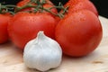 Dewy Red Tomatoes & Garlic Royalty Free Stock Photo