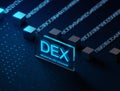 DEX decentralized exchange platform text word on glass blockchain distributed ledger technology Royalty Free Stock Photo