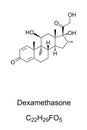 Dexamethasone. Chemical structure. Skeletal and structural formula.