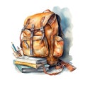 Leather backpack, student bag, stack of textbooks, watercolor illustration Royalty Free Stock Photo