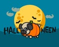 Pug pumpkin Halloween full moon cartoon illustration