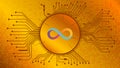 Dfinity Internet Computer ICP cryptocurrency token symbol in circle with PCB tracks on gold background.