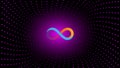 Dfinity Internet Computer ICP token symbol cryptocurrency in the center of spiral of glowing dots on dark background.