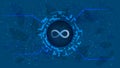 Dfinity Internet Computer ICP token symbol in digital circle with cryptocurrency theme on blue background.