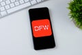 DFW Airport app logo on a smartphone screen. Royalty Free Stock Photo