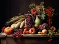 Still life of pumpkins, grapes, corn, herbs, autumn flowers, squashes on wooden table dark moody background Royalty Free Stock Photo