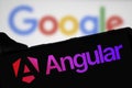 Dhaka, Bangladesh- 09 Apr 2024: Angular logo is displayed on smartphone. Developed by Google, Angular is a free, open-source