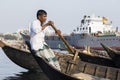 Dhaka, Bangladesh, February 24 2017: Close-up view of a rudder in a wooden taxi boat