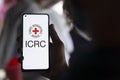 Dhaka, Bangladesh - 19 January 2024: ICRC logo on smartphone. The International Committee of the Red Cross is a humanitarian