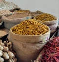 Dhaka, Bangladesh - 06 july 2020: Spice market. Colorful spices and herbs are displayed in a shop of a spice market