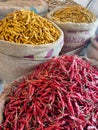 Dhaka, Bangladesh - 06 july 2020: Spice market. Colorful spices and herbs are displayed in a shop of a spice market