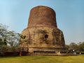 Dhamekh Stupa at Sarnath Temple against blue sky big ancient Buddha's first sermon place near Varanasi Uttar Pradesh