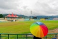 Colorful umbrella on the seats of Dharamshala himachal cricket stadium