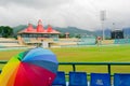 Colorful umbrella on the seats of Dharamshala himachal cricket stadium