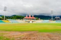 Wide angle shot of the famed dharamshala cricket stadium the worlds highest altitude stadium a tourism hotspot and