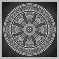 Dharma Wheel, Dharmachakra. Symbol of Buddha`s teachings on the path to enlightenment, liberation from the karmic Royalty Free Stock Photo