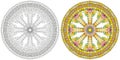 Dharma Wheel or dharmachakra, theach and walk to the path of Nirvana. Color and outline set
