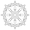 Dharma Wheel or dharmachakra, theach and walk to the path of Nirvana. For coloring Royalty Free Stock Photo