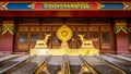 Dharmachakra or Dharma wheel between two deer and colorful details of Dafo Tibetan Buddhist temple Shangri-La Yunnan China