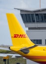DHL aircraft cargo distribution centre at East Midlands Airport Yellow Boeing 767 Aeroplane